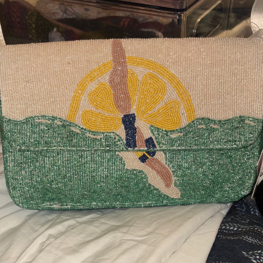 Artistic Beaded Clutch with Yellow and Green Design
